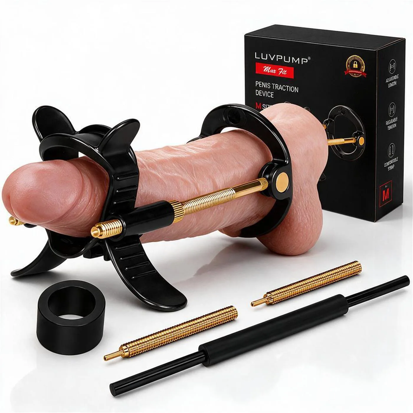 EXTENSOR DE PENE HYBRID REALOV TALLE M NEGRO CON CORREA DE SILICONA