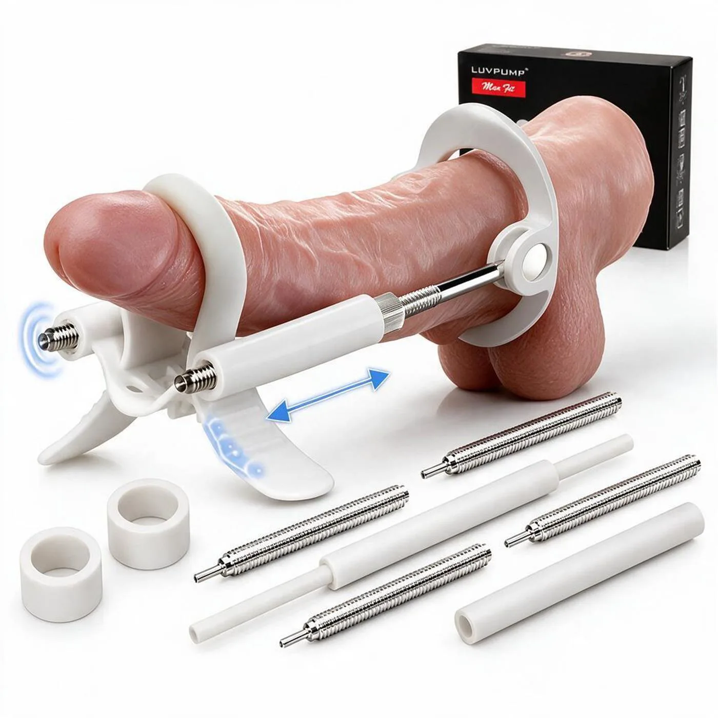 EXTENSOR DE PENE LUXURY REALOV TALLE M BLANCO CON KIT DE BARRAS